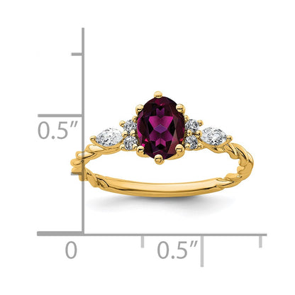 14K Yellow Gold Diamond and 7x5 Oval June/Rhodolite Garnet Size 7 Twisted Ring