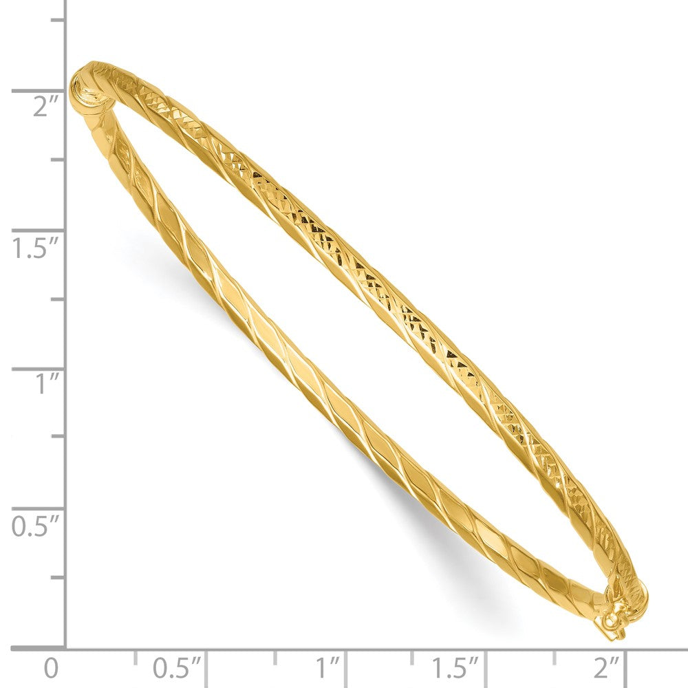 14K Yellow Gold Polished and Diamond-cut Twisted 3.00mm Hinged Oval Bangle Bracelet