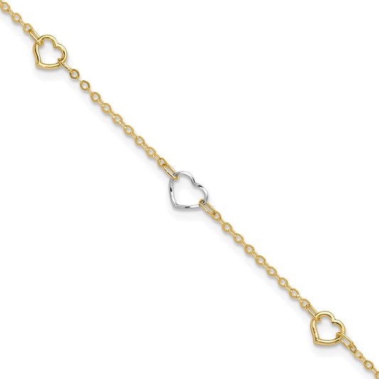 14K Two-Tone Gold Two-tone Polished Open Hearts 5-Station 9 Inch Plus 1 Inch Extender - Total 10 Inch Anklet