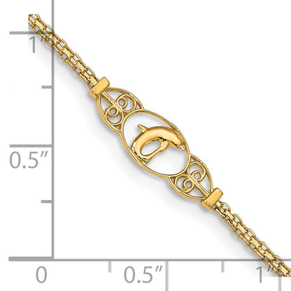 14K Yellow Gold Polished Dolphin and Filigree Bismark Chain 9 Inch Anklet
