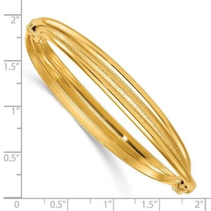 14K Yellow Gold Polished and Textured Three-Row Twisted 8.50mm Hinged Oval Bangle Bracelet