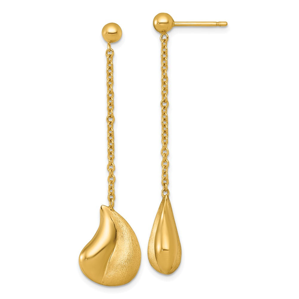 14K Yellow Gold Polished And Brushed Curved Teardrop Dangle Post Earrings