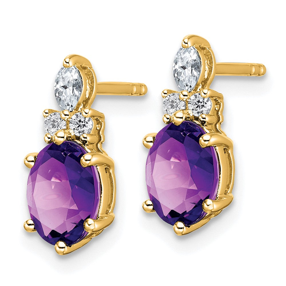 14K Yellow Gold Diamond and 7x5 Oval February/Amethyst Post Earrings