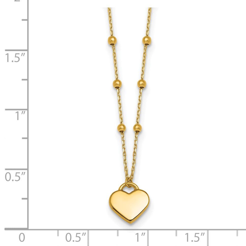 14K Yellow Gold Polished Heart Pendant and Beaded Chain 16 Inch Necklace Plus 2 Inch Extender