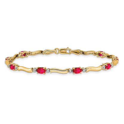 14K Yellow Gold Complete Diamond and Oval Ruby Wavy Link 7 Inch Bracelet