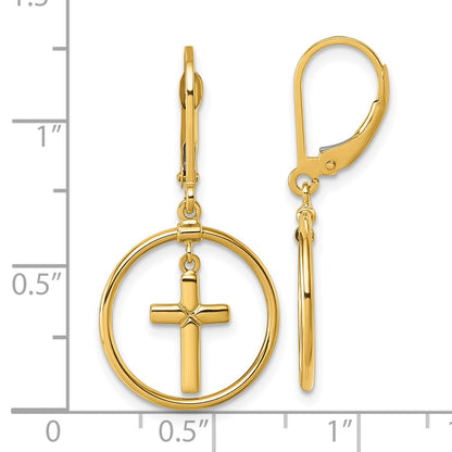 14K Yellow Gold Polished Cross in Circle Leverback Dangle Earrings