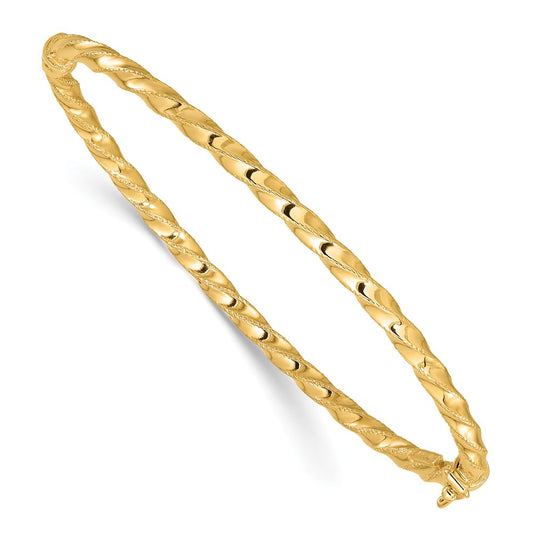 14K Yellow Gold Polished Twisted 3.20mm Hinged Oval Bangle Bracelet