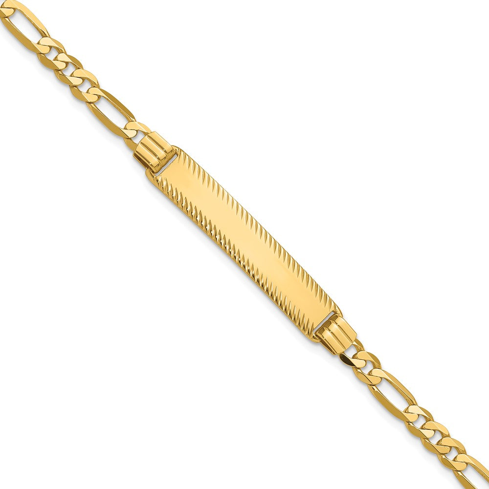 14K Yellow Gold Polished Solid Chain/Solid Plate Figaro Link Diamond-cut 32.5x6.5mm Plate 8 Inch ID Bracelet