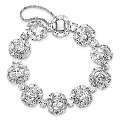 Cheryl M Sterling Silver Rhodium-plated Polished Fancy Cushion-cut CZ Halo Cluster with Safety Chain Bracelet