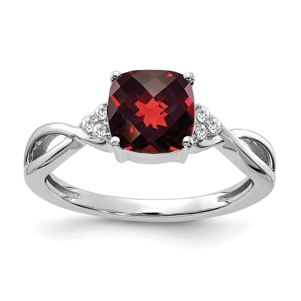 14K White Gold 7mm Cushion Checkerboard January/Garnet and Diamond Ring