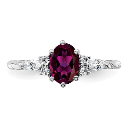 14K White Gold Diamond and 7x5 Oval June/Rhodolite Garnet Size 7 Twisted Ring