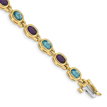 14K Yellow Gold Complete Oval Amethyst and Sky Blue Topaz Bezel-set 7 Inch Bracelet