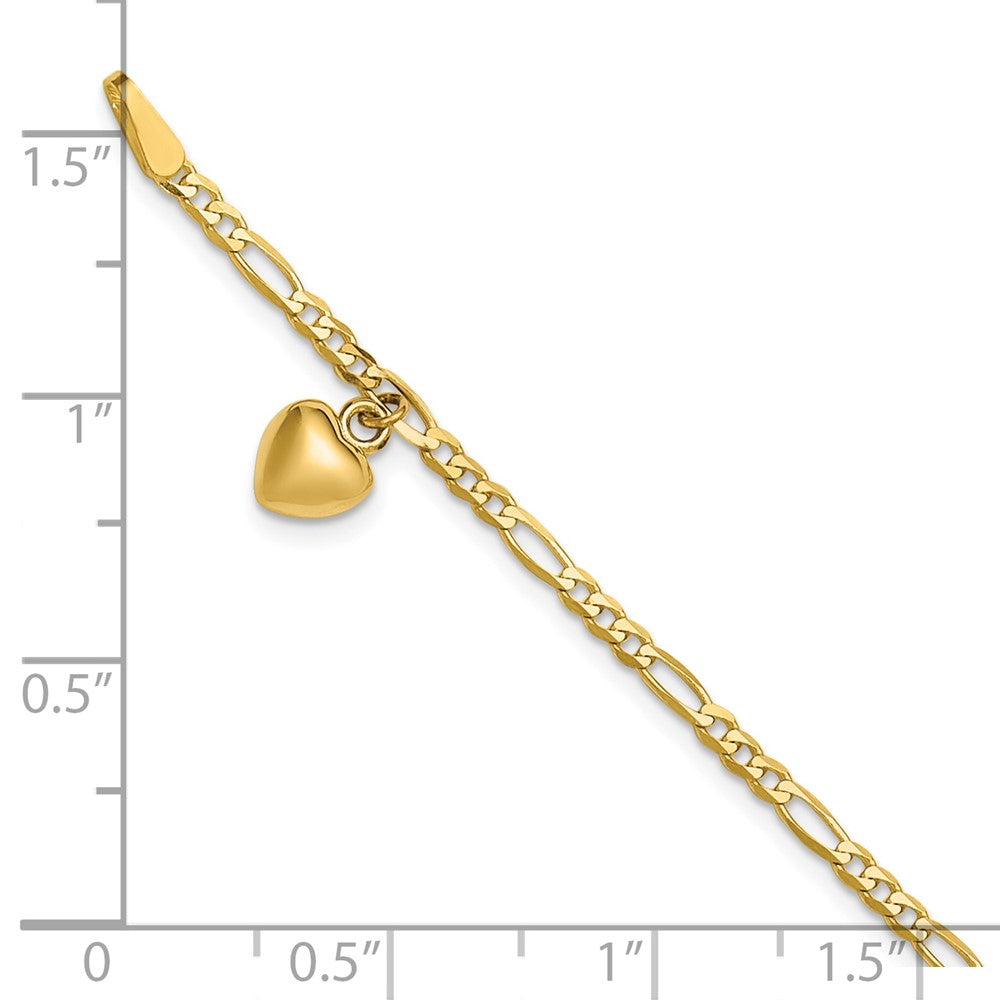 14K Yellow Gold Figaro Link Chain with Dangling Puffed Heart 10 Inch Anklet