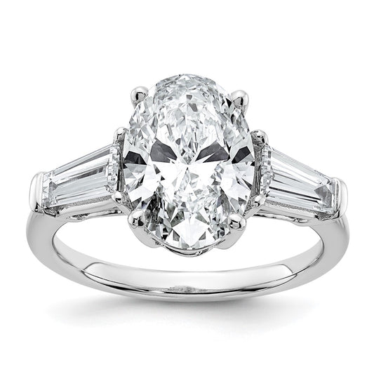 14K White Gold 3/4 carat Lab Grown Diamond VS+ F+ Tapered Baguette 3 carat Oval Semi Mount Three Stone Engagement Ring
