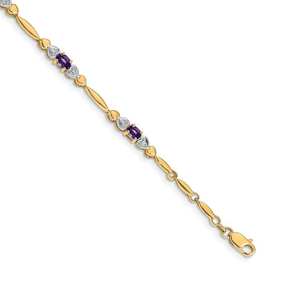 14K Yellow Gold Complete Diamond and Oval Amethyst Heart Design 7 Inch Bracelet