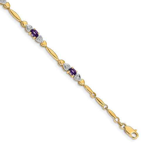 14K Yellow Gold Complete Diamond and Oval Amethyst Heart Design 7 Inch Bracelet
