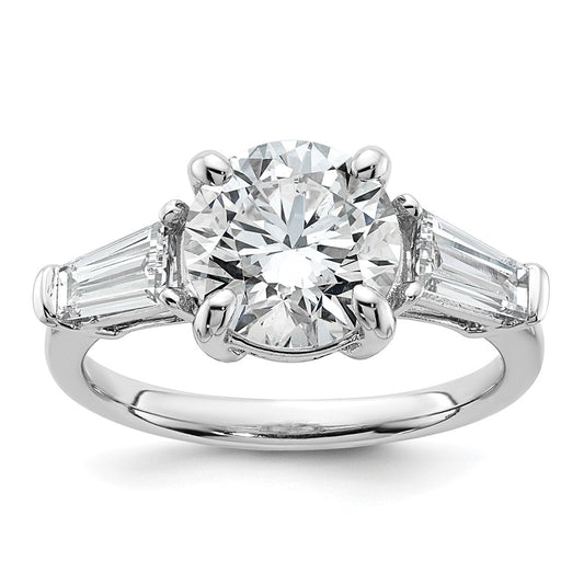 14K White Gold 7/8 carat Lab Grown Diamond VS+ F+ Tapered Baguette with 2 1/2 carat Round Center Semi Mount Three Stone Engagement Ring