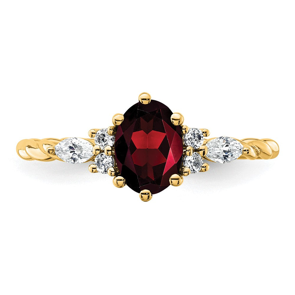 14K Yellow Gold Diamond and 7x5 Oval January/Garnet Size 7 Twisted Ring