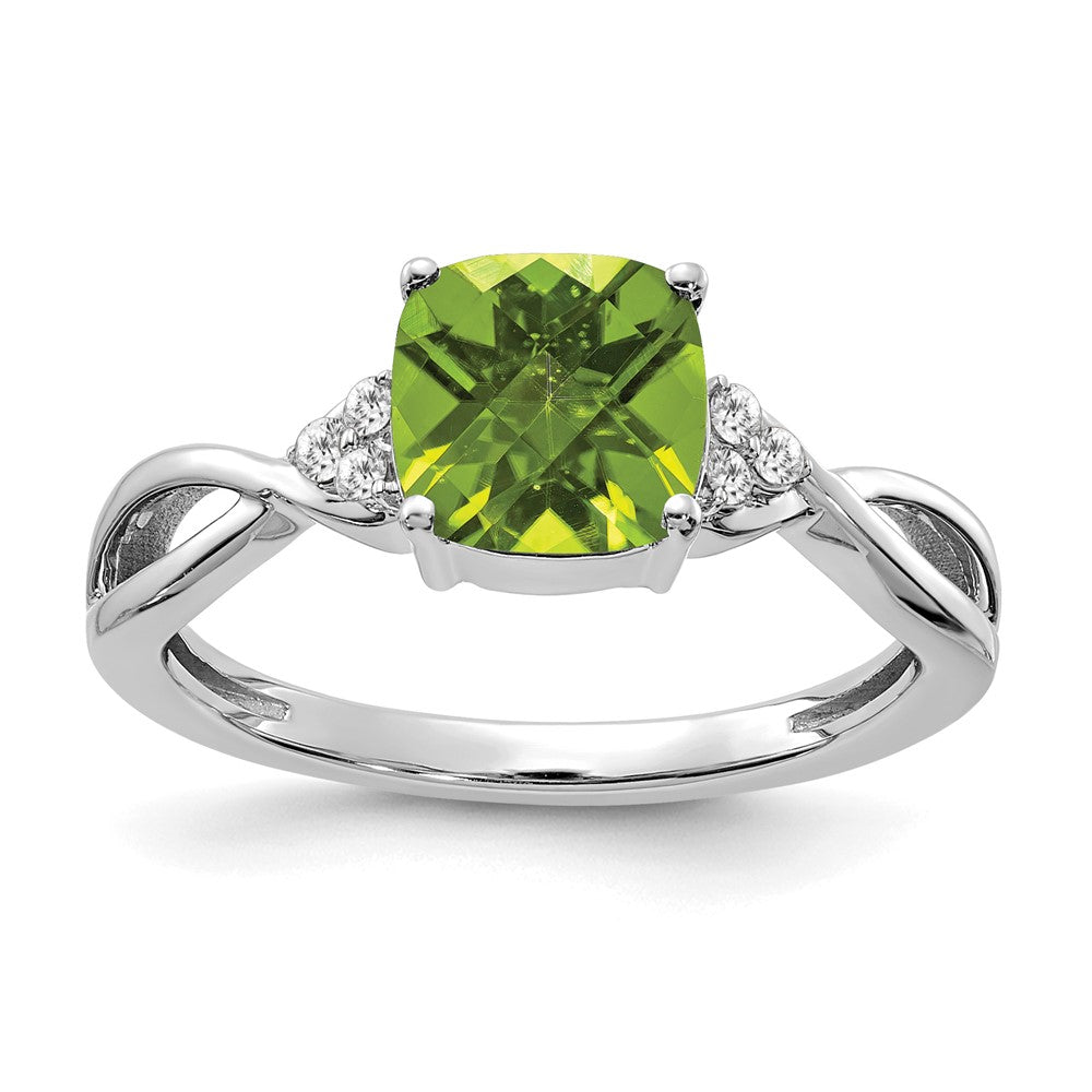14K White Gold 7mm Cushion Checkerboard August/Peridot and Diamond Ring