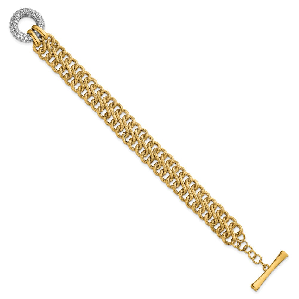 14K Yellow Gold with Rhodium 12.25mm Textured Fancy Chain with CZ Toggle 7.5 Inch Bracelet