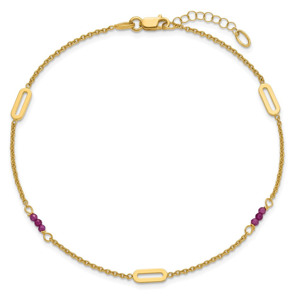 14K Yellow Gold Polished Red Corundum Beads and Ovals 9 Inch Plus 1 Inch Extender - Total 10 Inch Anklet