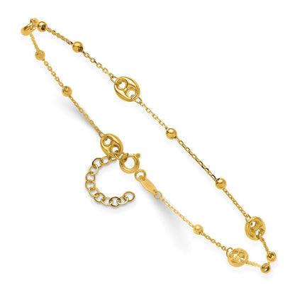 14K Yellow Gold Puffed Mariner Beaded 9 Inch Plus 1 Inch Extender - Total 10 Inch Anklet