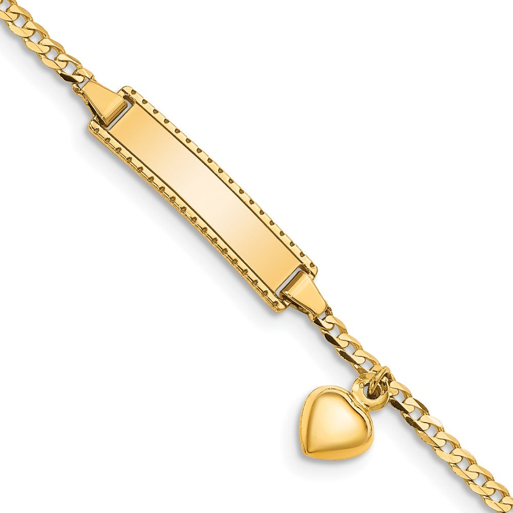 14K Yellow Gold Polished Solid Chain/Solid Plate Heart Dangle Curb Link 21x5mm Plate 5.5 Inch Baby/Child ID Bracelet