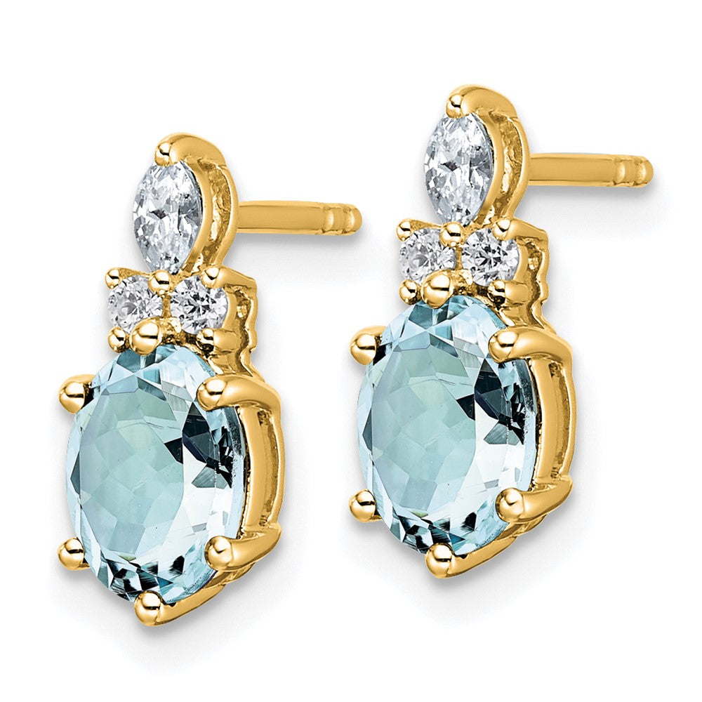 14K Yellow Gold Diamond and 7x5 Oval March/Aquamarine Post Earrings