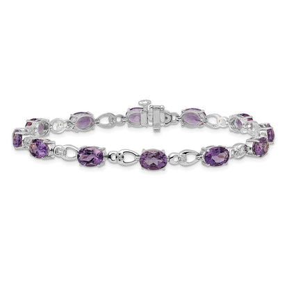 14K White Gold Complete Oval Amethyst and Diamond Fancy Link 7 Inch Bracelet