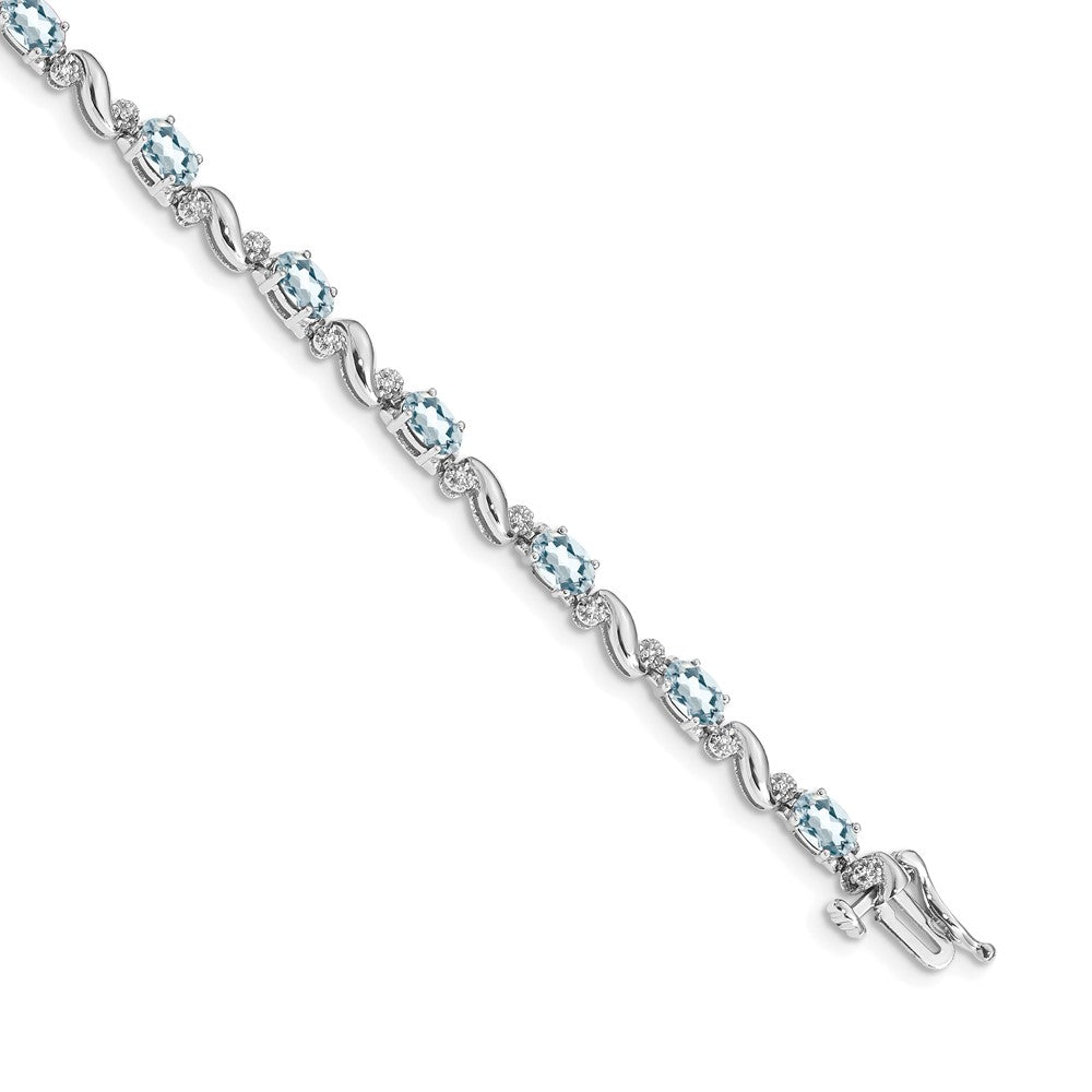 14K White Gold Complete Diamond and Oval Aquamarine Curved Link 7 Inch Bracelet