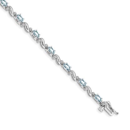 14K White Gold Complete Diamond and Oval Aquamarine Curved Link 7 Inch Bracelet