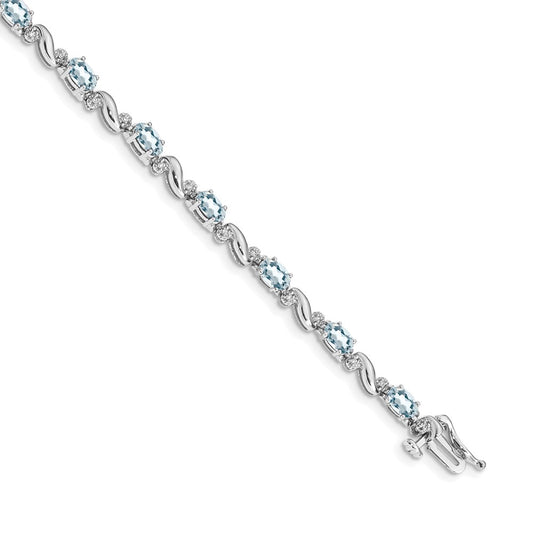 14K White Gold Complete Diamond and Oval Aquamarine Curved Link 7 Inch Bracelet