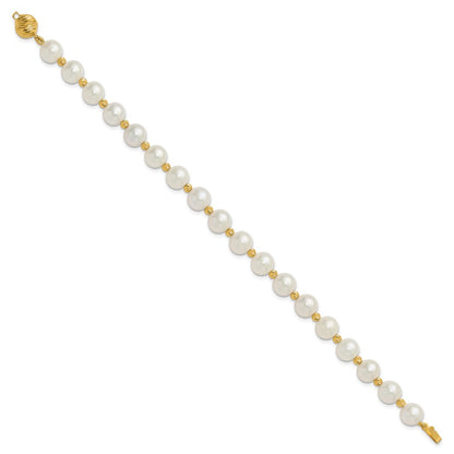 14K Yellow Gold 8-9mm Near-Round Freshwater Cultured Pearl and Diamond-cut Beaded 7.5 Inch Bracelet