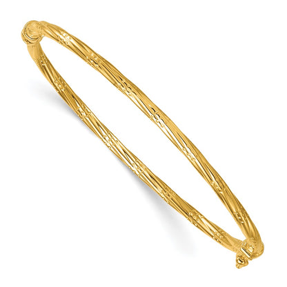 14K Yellow Gold Polished and Textured 2.90mm Twisted Hinged Oval Bangle Bracelet