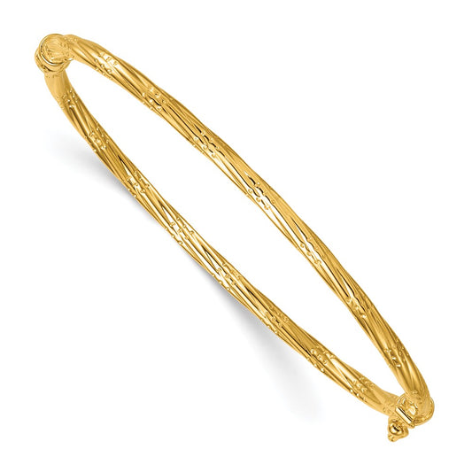 14K Yellow Gold Polished and Textured 2.90mm Twisted Hinged Oval Bangle Bracelet