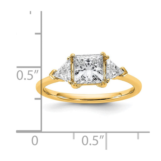 14K Yellow Gold 1/2 carat Lab Grown Diamond VS/SI+ G+ Trillion and 1 carat Princess Center Semi Mount Three Stone Engagement Ring