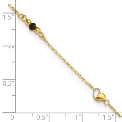 14K Yellow Gold Heart and Lab Created Onyx 9 Inch Plus 1 Inch Extender - Total 10 Inch Anklet