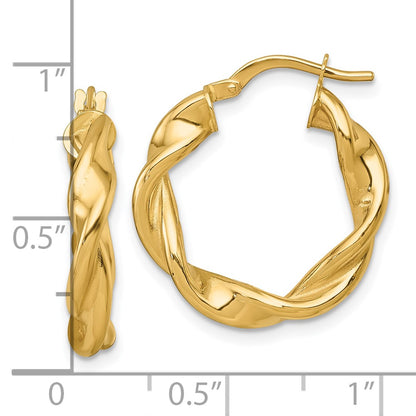 14K Yellow Gold Polished Twisted 4.00 x 22mm Tube Hoop Earrings