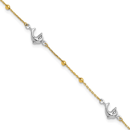 14K Two-Tone Gold Two-tone Beads and Three Dolphins 9 Inch Plus 1 Inch Extender - Total 10 Inch Anklet