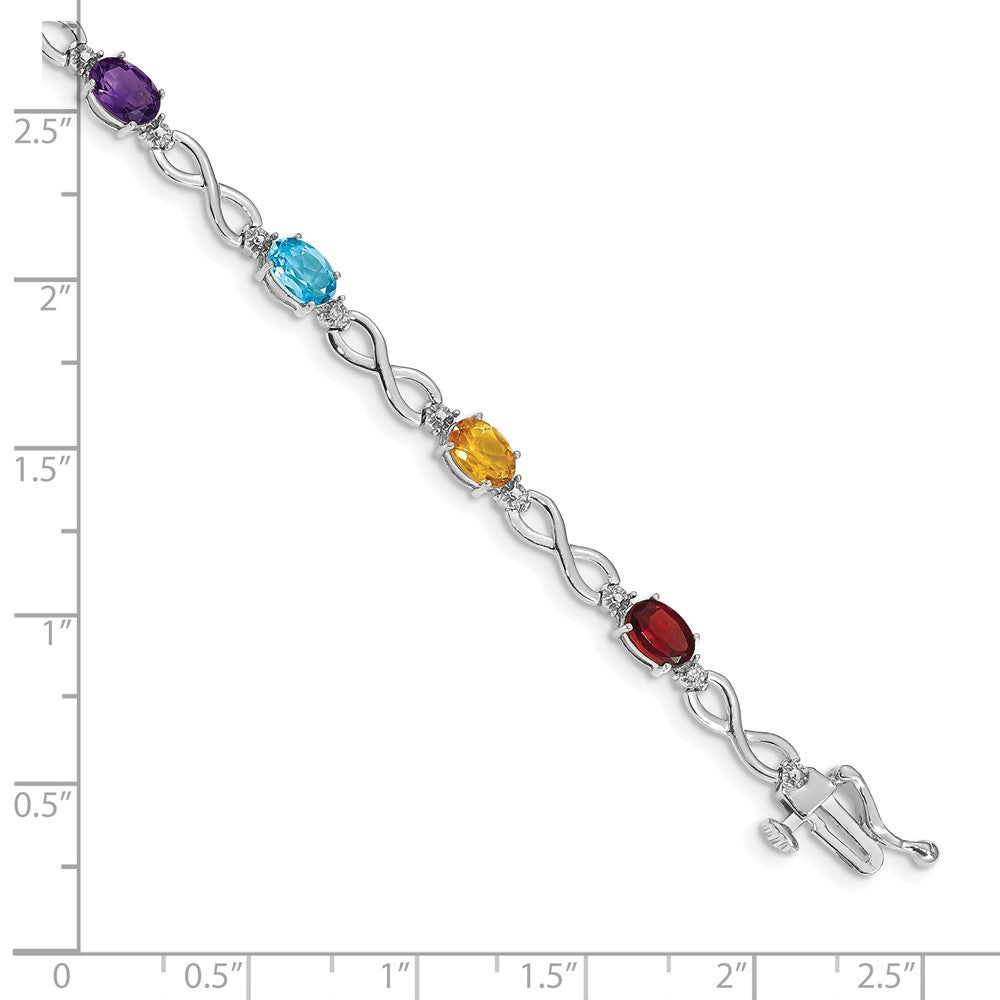14K White Gold Complete Diamond and Oval Garnet/Swiss Blue Topaz/Citrine/Amethyst/Peridot Infinity 7 Inch Rainbow Bracelet