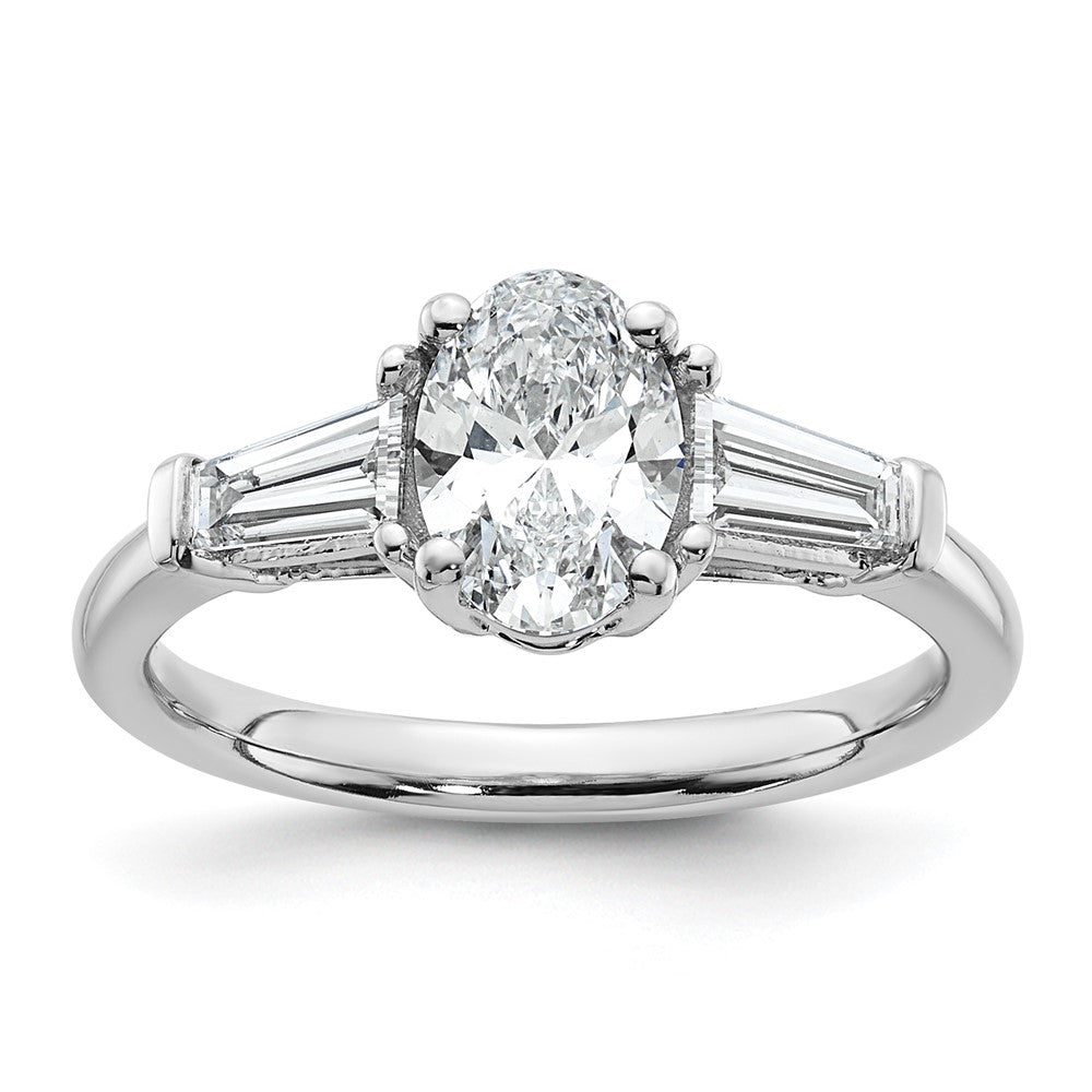 14K White Gold 1 1/2 carat Certified Lab Grown Diamond VS+ F+ Oval and Tapered Baguette Complete Three Stone Engagement Ring