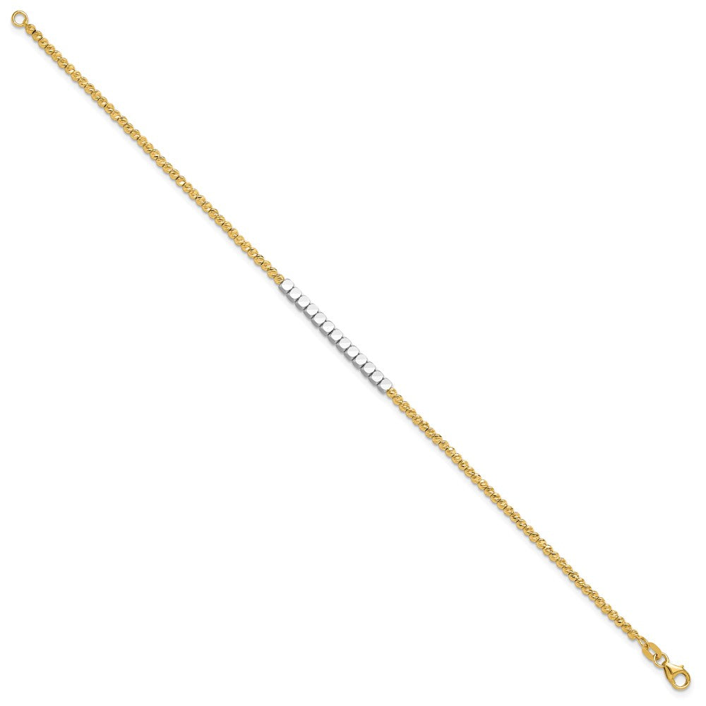 14K Two-Tone Gold Two-tone Diamond-cut Square and Round Beaded 7.5 Inch Bracelet