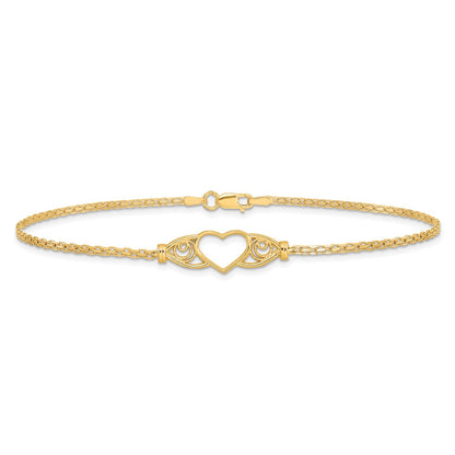 14K Yellow Gold Polished Open Heart with Filigree and Bismark Chain 10 Inch Anklet