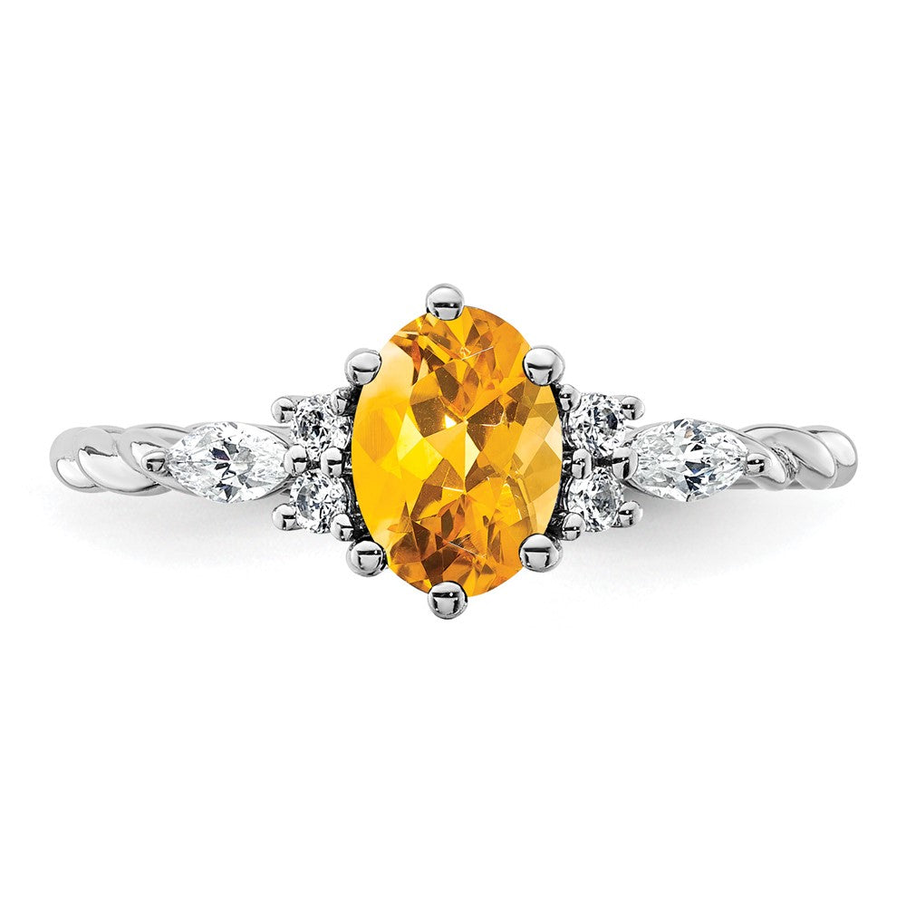 14K White Gold Diamond and 7x5 Oval November/Citrine Size 7 Twisted Ring