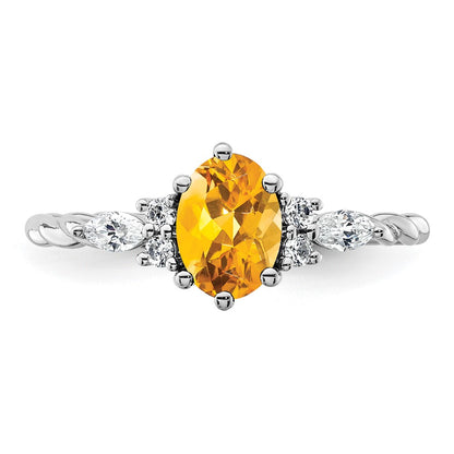 14K White Gold Diamond and 7x5 Oval November/Citrine Size 7 Twisted Ring
