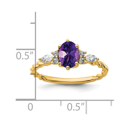 14K Yellow Gold Diamond and 7x5 Oval February/Amethyst Size 7 Twisted Ring