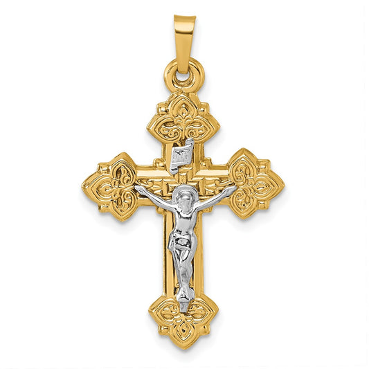 14K Yellow Gold with Rhodium Polished Fleur de Lis INRI Crucifix Cross Pendant