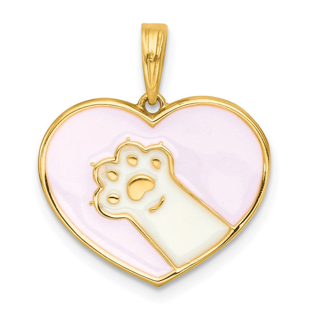 14K Yellow Gold Polished Enamel Paw In Pink Heart Charm