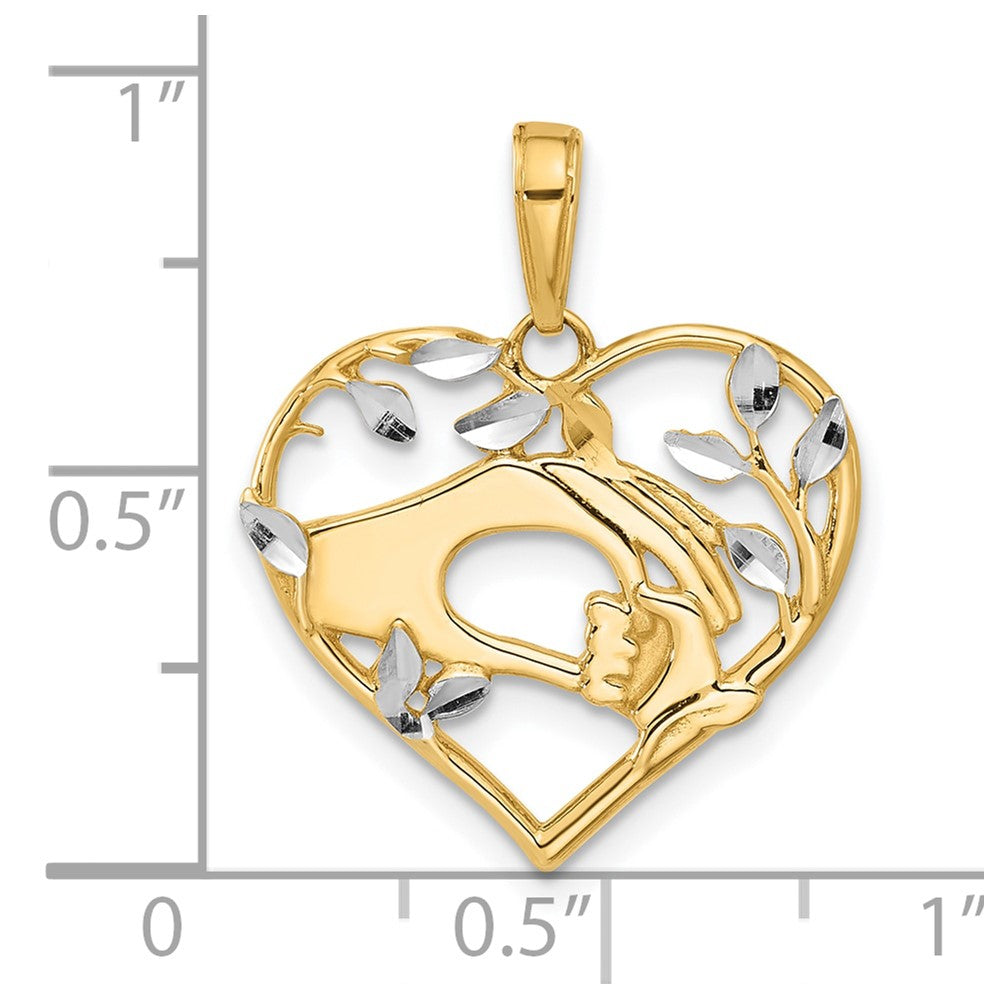 14K Yellow Gold and Rhodium Diamond-cut Mother and Child Hands in Heart Pendant