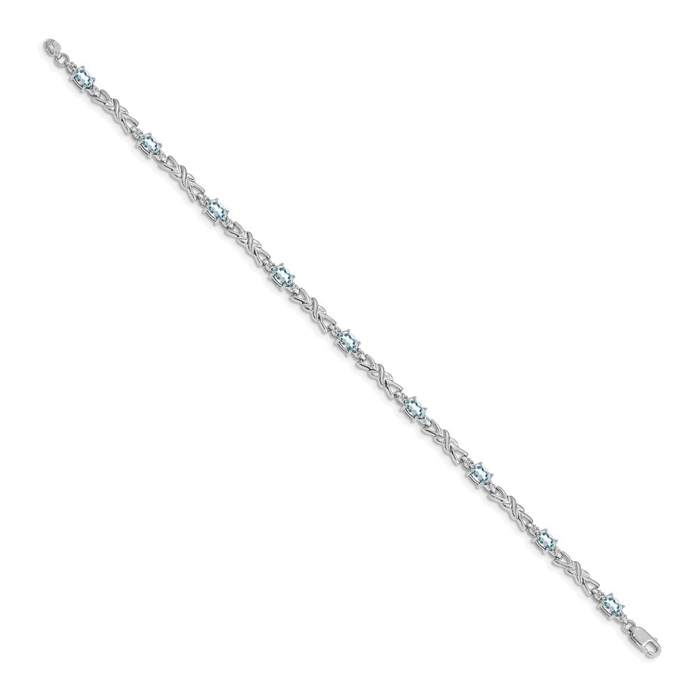 14K White Gold Complete Diamond and Oval Aquamarine X-design 7.25 Inch Bracelet